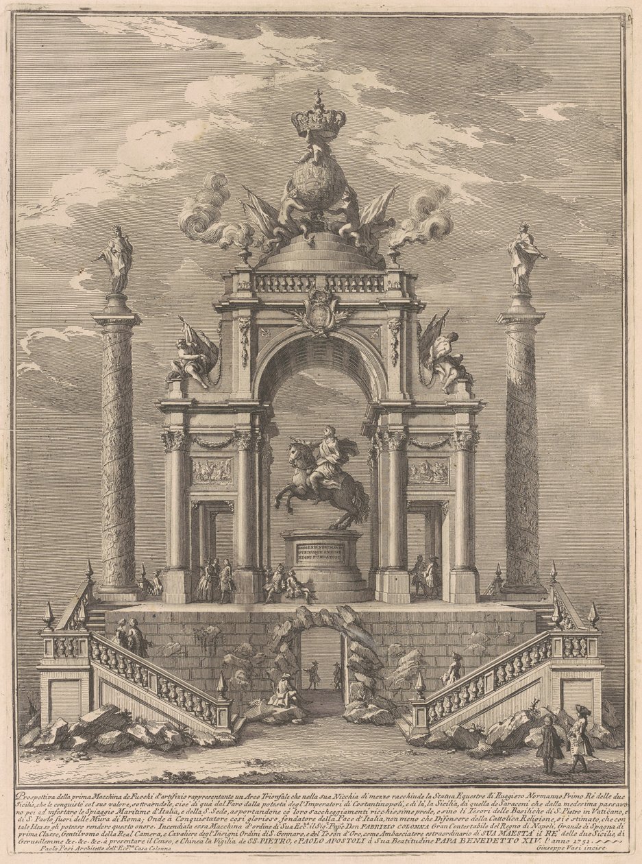 Prima Macchina pro Čínu z roku 1751: Triumfální oblouk pro Rogera I. ze Sicílie od after Paolo Posi Giuseppe Vasi
