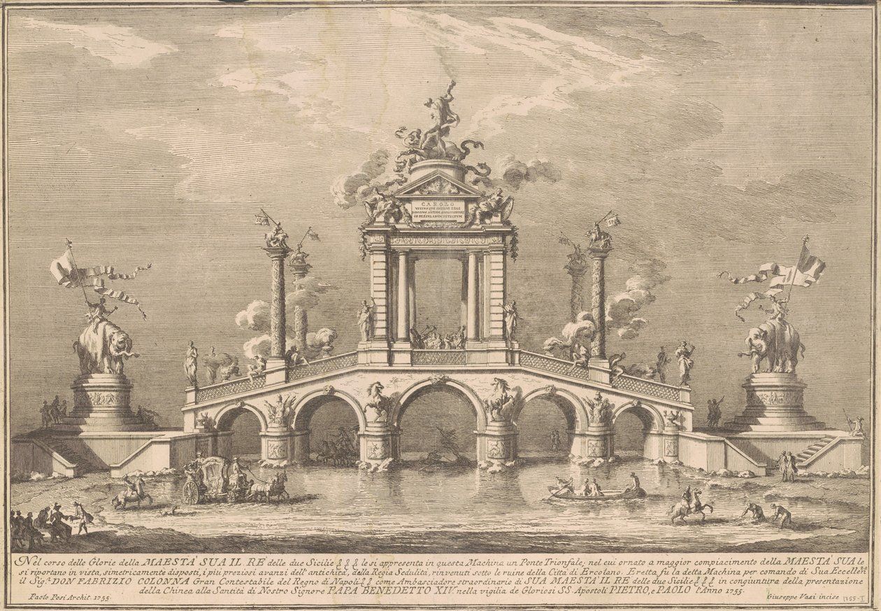 Prima Macchina pro Čínu z roku 1755: Triumfální most se starožitnostmi z Herculanea od after Paolo Posi Giuseppe Vasi