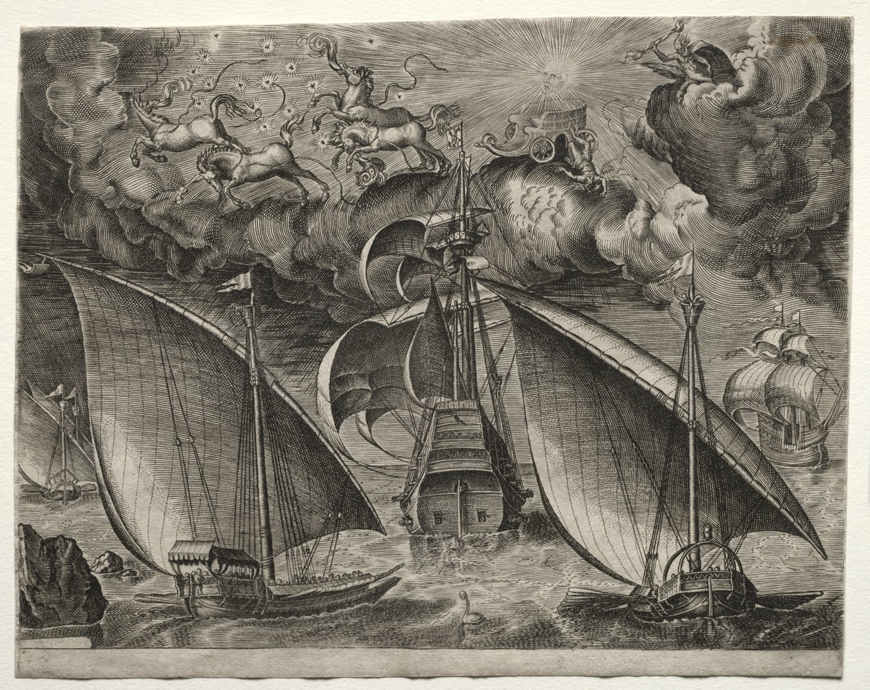 Plachetnice: Dvě galéry plující za ozbrojeným trojmajstrem s Phaetonem a Jupiterem na obloze od after Pieter Bruegel