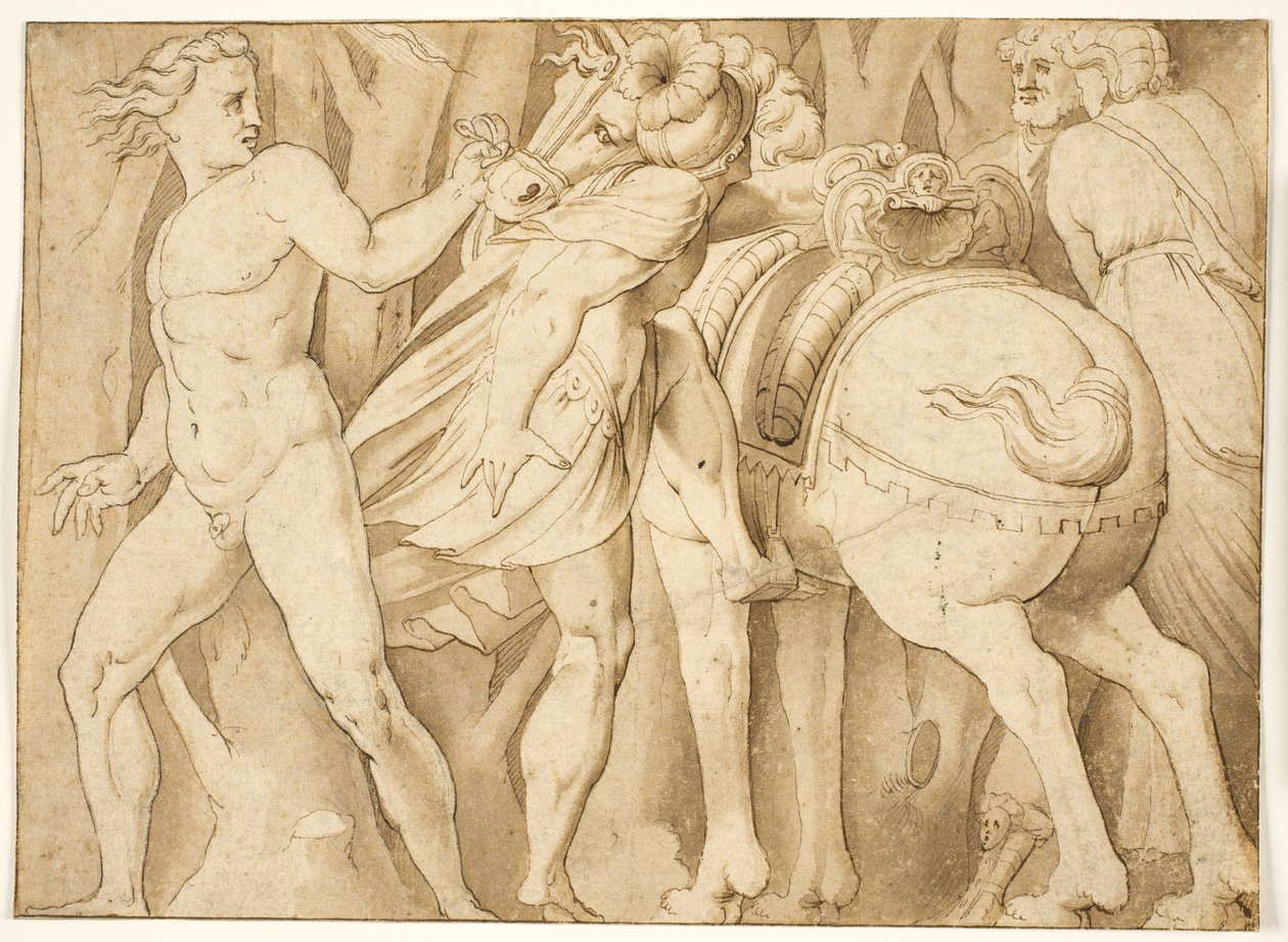 Scéna z římské historie? Muž nasedající na koně drženého nahým mužem od after Polidoro da Caravaggio