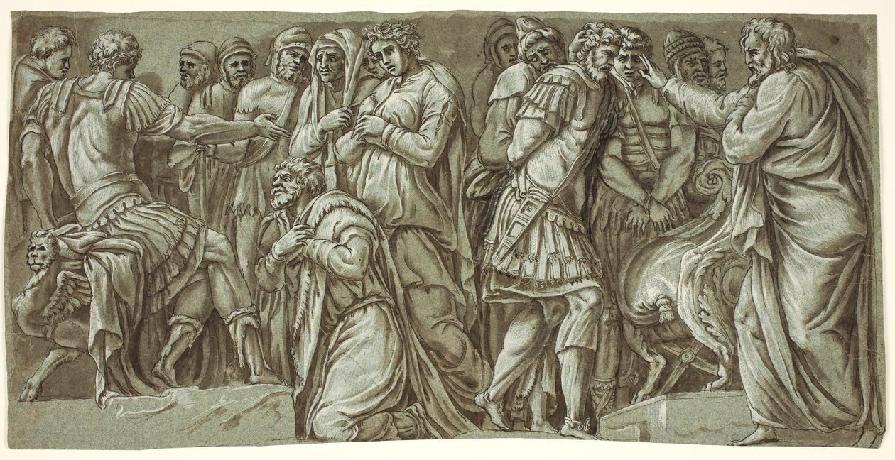 Rodina Dariova před Alexandrem a scéna s vězni; z průčelí Palazzo Milesi od after Polidoro da Caravaggio