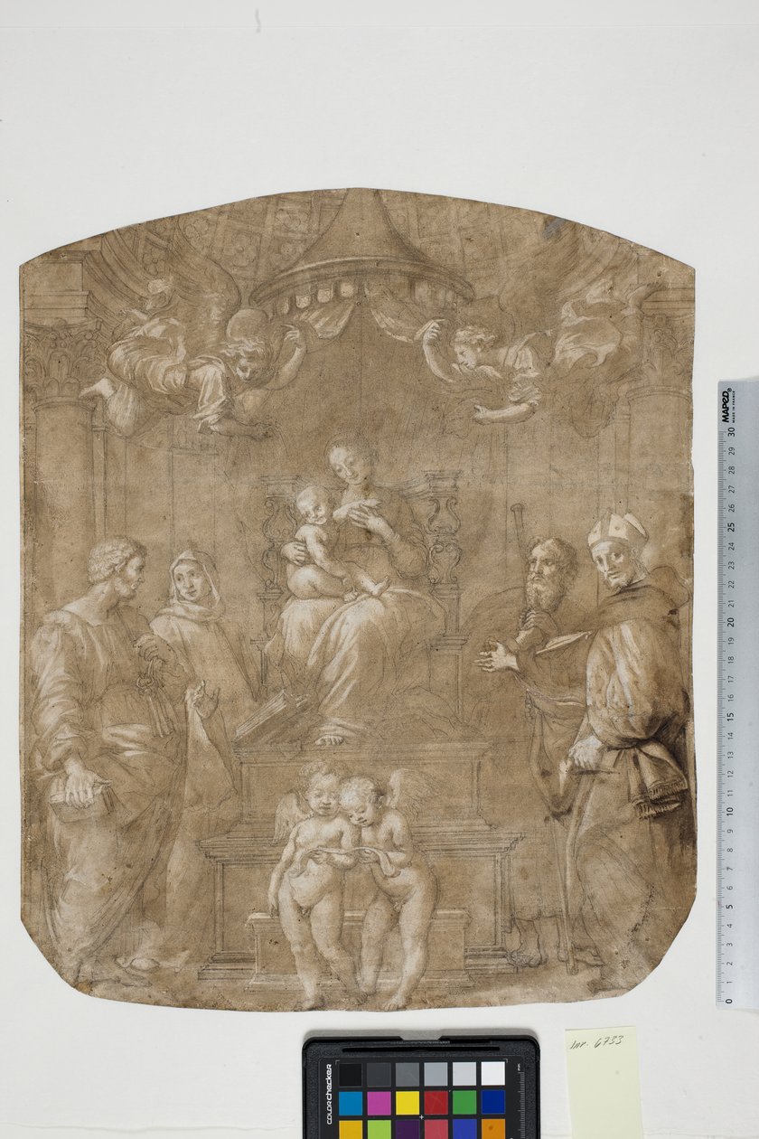 Madona s dítětem se svatým Petrem, Bernardem (nebo Brunem), Jakubem, Augustinem a čtyřmi anděly, Madonna del Baldacchino od after Raphael