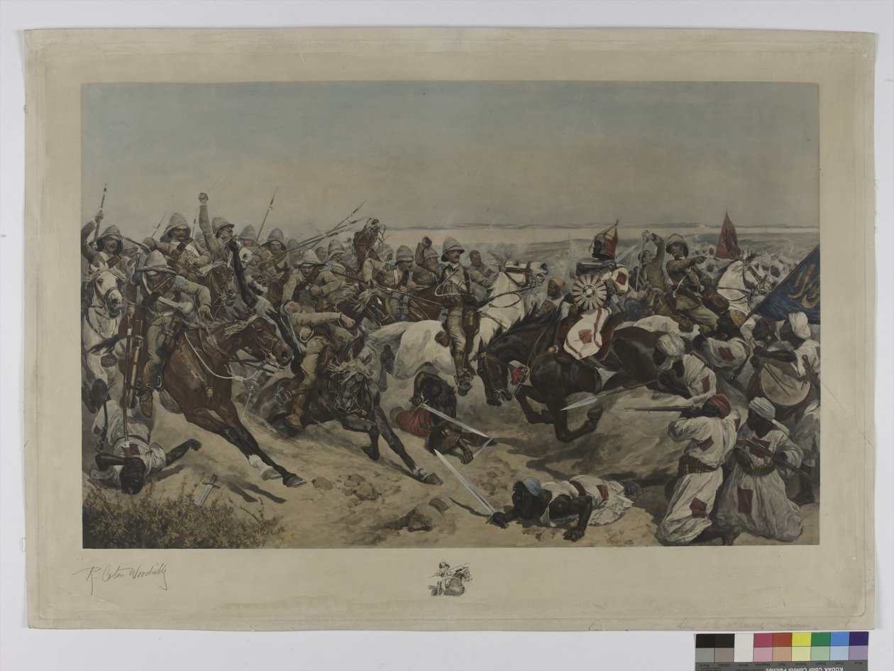 Poplatek 21. kopiníků v bitvě u Omdurmanu, 1898 (barevný hlubotisk) od after Richard Caton II Woodville