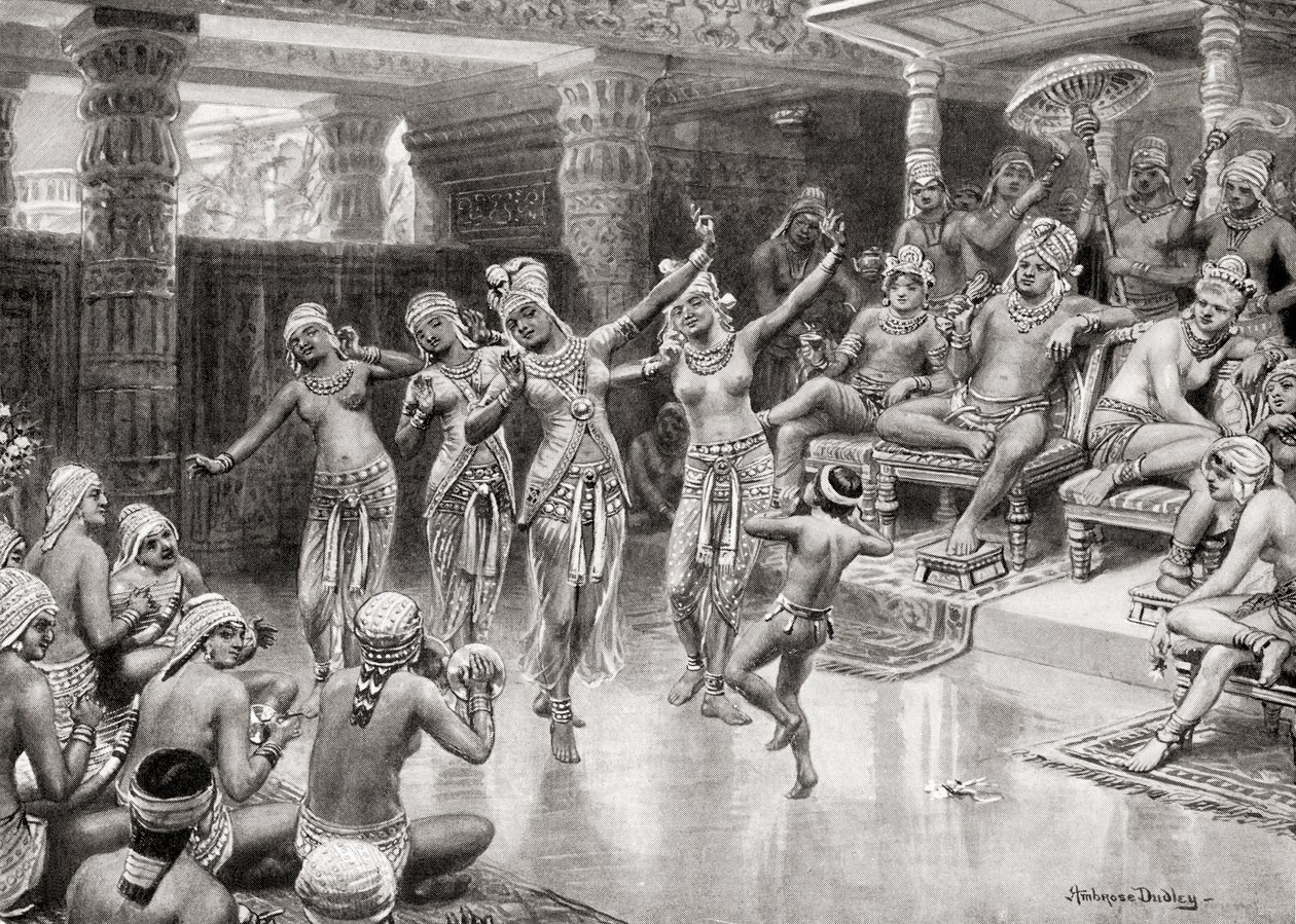 Dojem umělců z 19. století z Gautamiputry Satakaraniho oslavujícího své vítězství nad Nahapanou, z Hutchinsonovy historie národů, pub. 1915 od after Robert Dudley