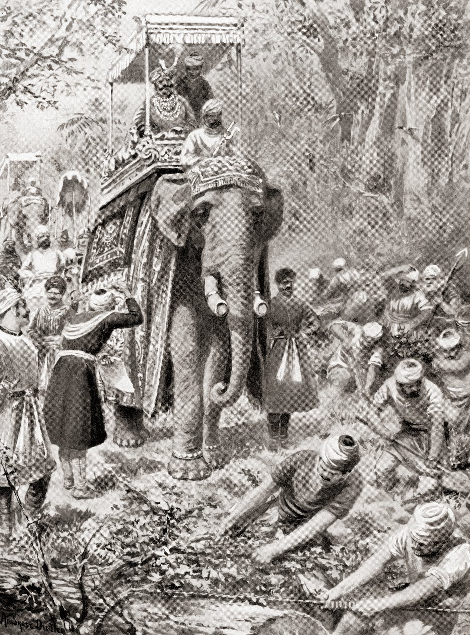 Inspekce Sher Shah Suris Great North Road, (nyní The Grand Trunk Road), z Hutchinsons History of the Nations, pub. 1915 od after Robert Dudley