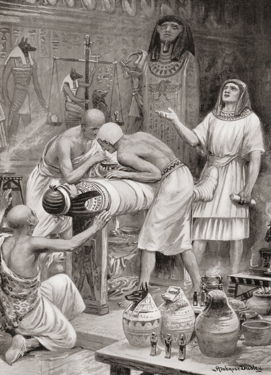 Balzamování těla ve starověkém Egyptě, z Hutchinsons History of the Nations, pub. 1915 od after Robert Dudley