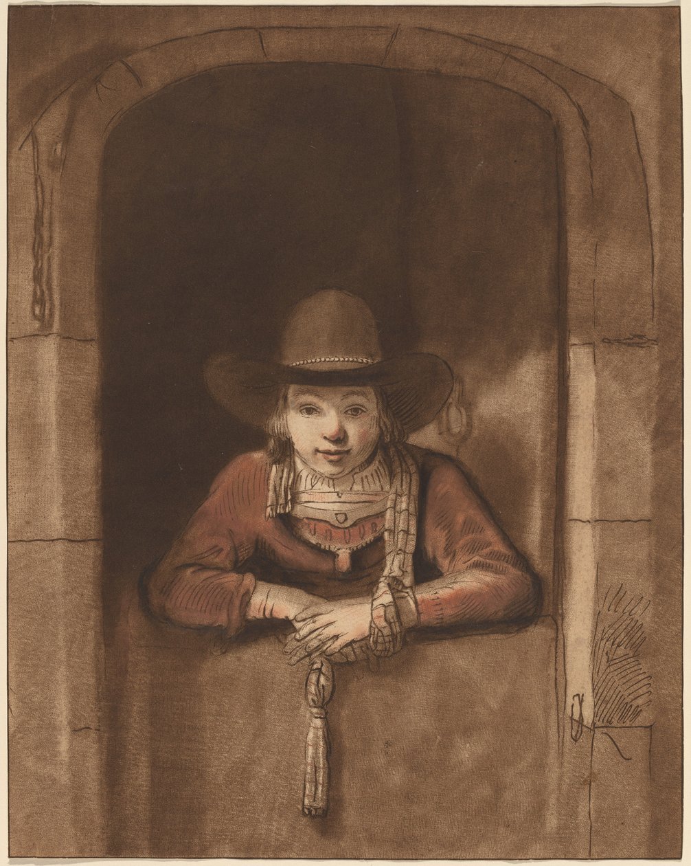 Chlapec naklánějící se nad nižšími dveřmi od after Samuel van Hoogstraten Cornelis Ploos