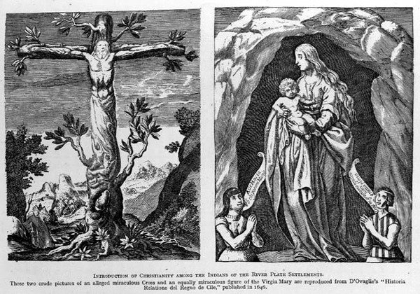 Zavedení křesťanství mezi indiány z říčních platových osad, reprodukováno z dOvadlies Historia Relatione del Regno de Cile, hospoda. v roce 1646, z Romance of the River Plate, sv. já od Spanish School