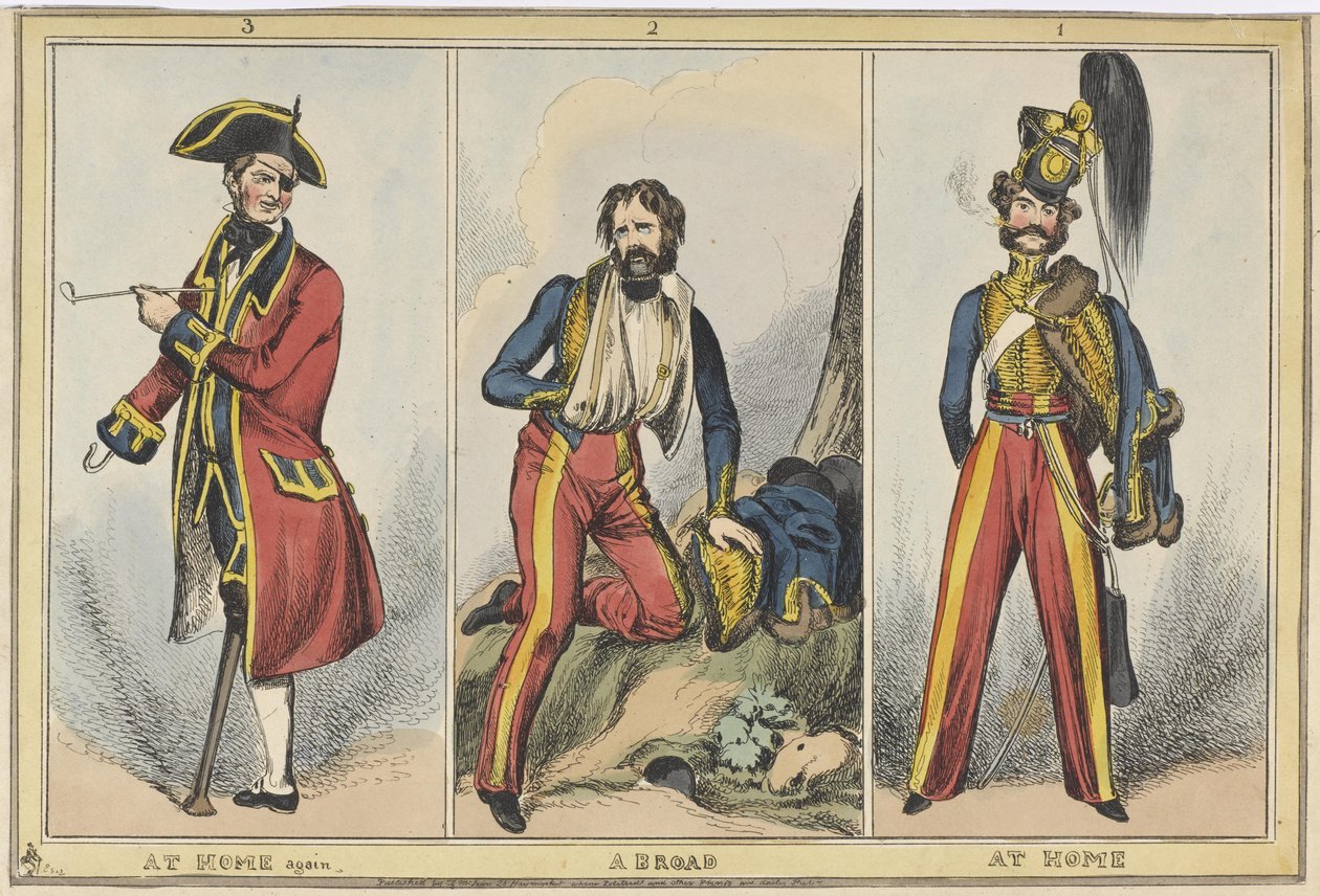 „1. Doma 2. V zahraničí 3. Znovu doma‘, kolem 1830 (barevný lept) od after William Heath