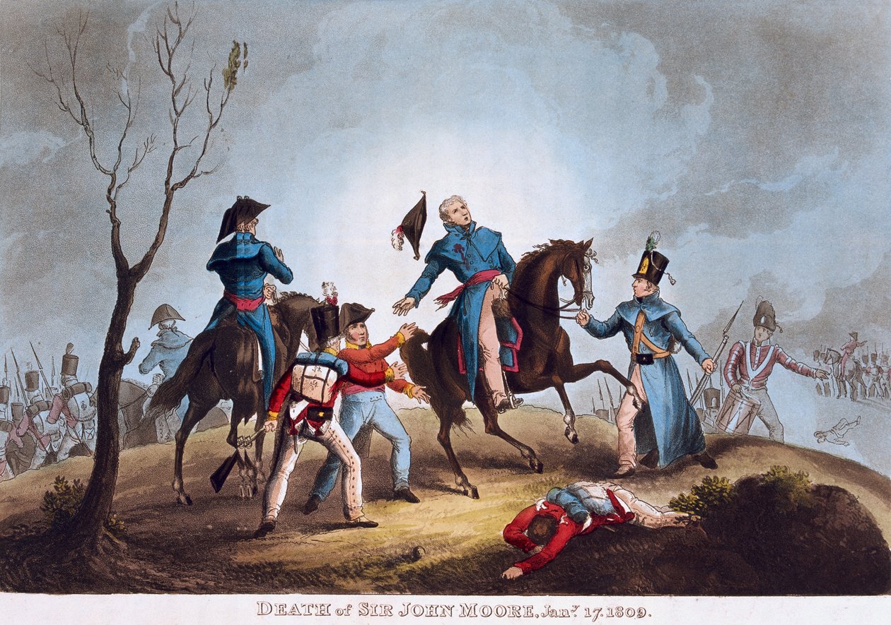 Smrt sira Johna Moorea, 17. ledna 1809 (barevná akvatinta) od after William Heath