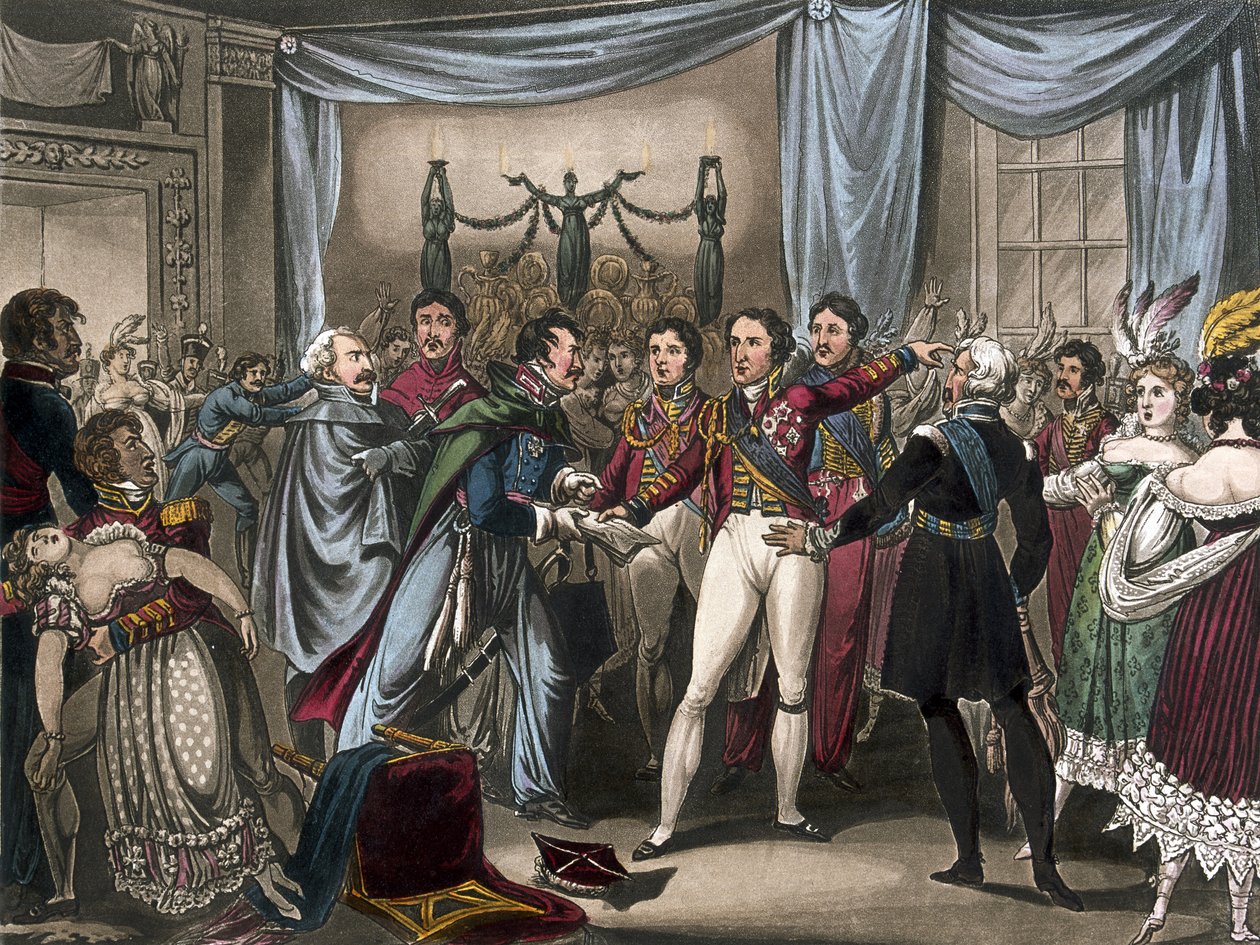 Inteligence z bitvy u Ligny, 1818 (barevná akvatinta) od after William Heath