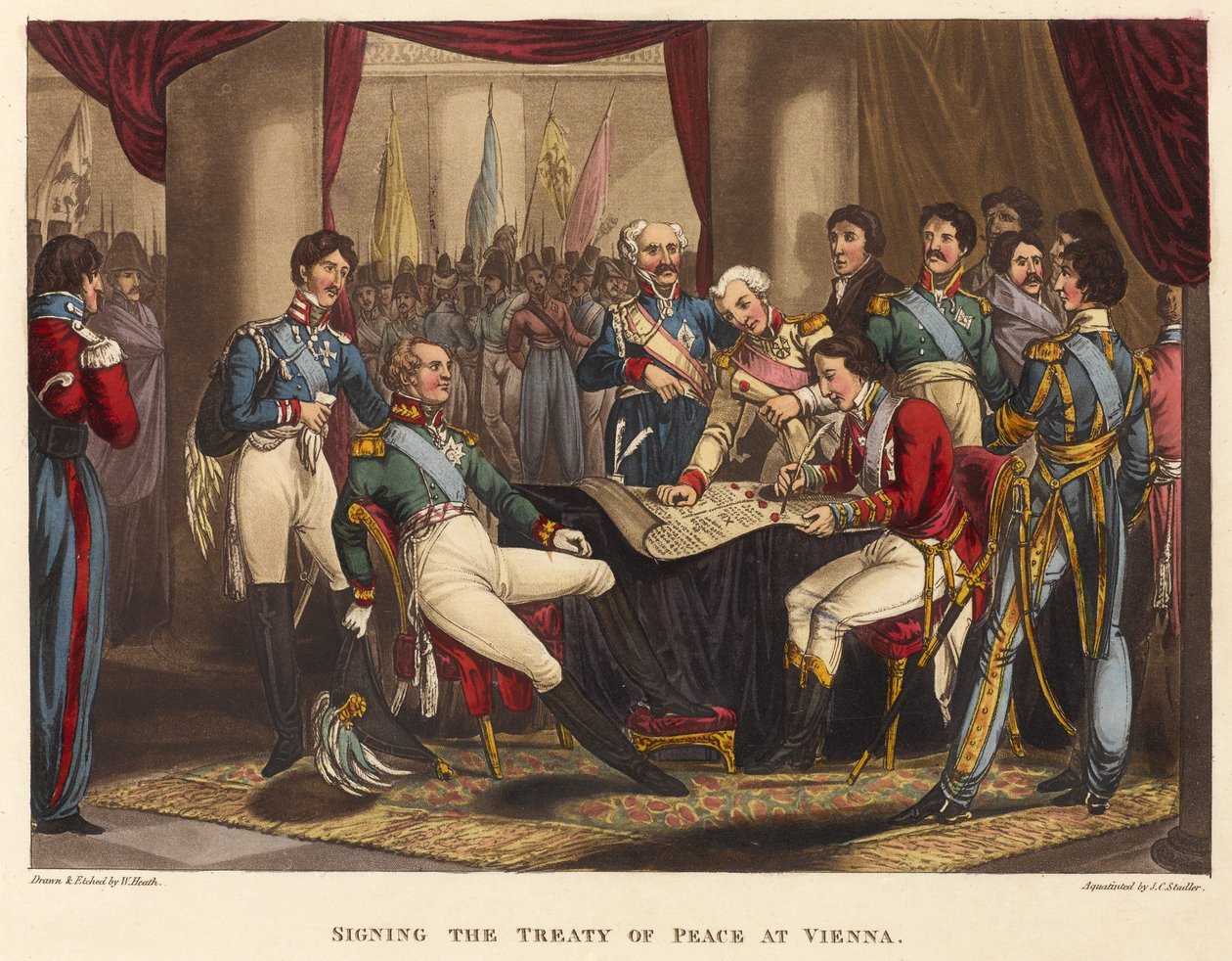 Podepsání mírové smlouvy ve Vídni, 1818 (barevná akvatinta) od after William Heath