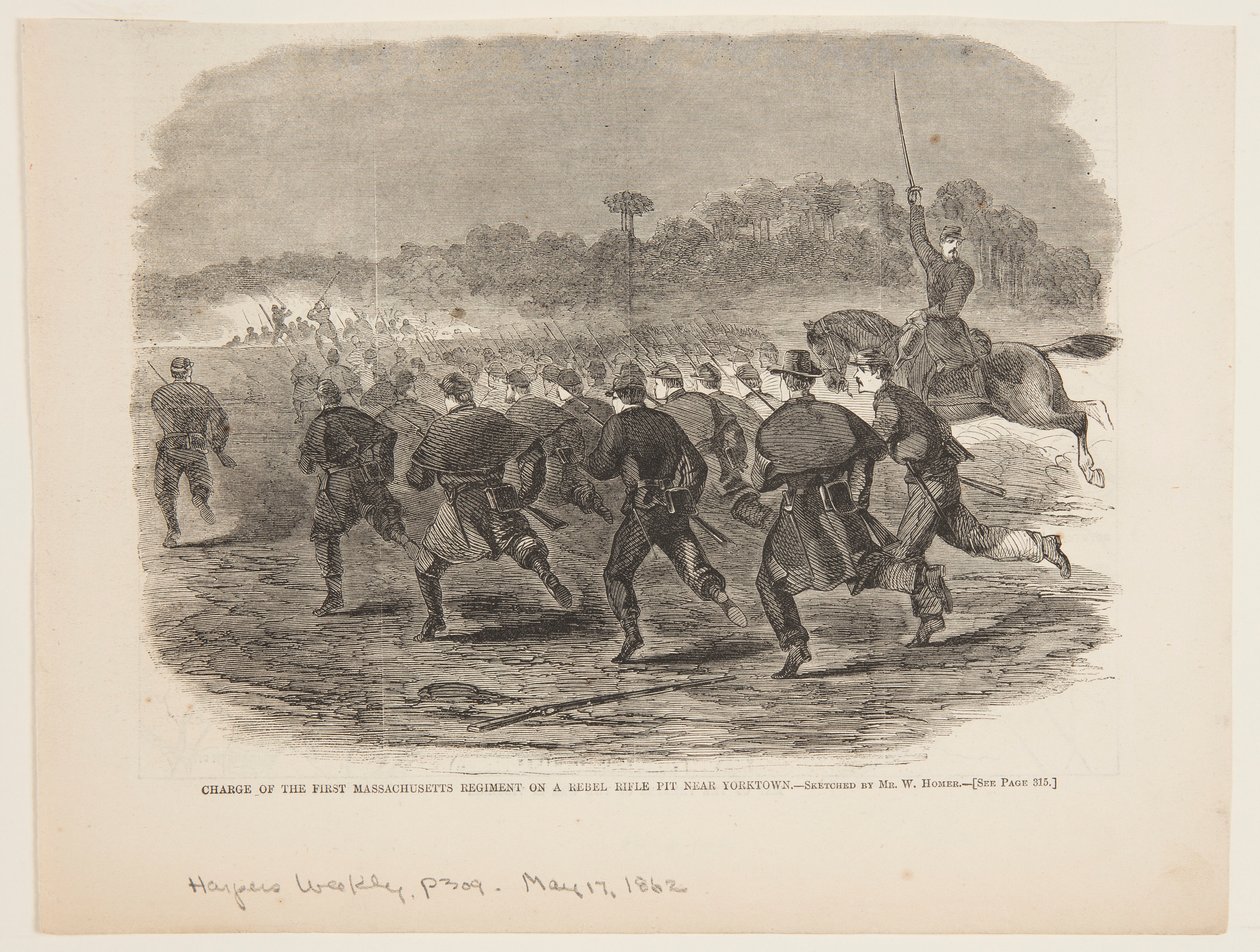 Útok prvního massachusettského pluku na rebelské puškové jámě poblíž Yorktownu od after Winslow Homer