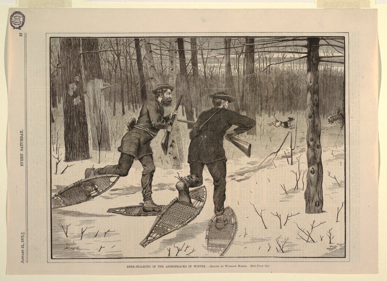 Sledování jelenů v Adirondacks v zimě, od Každou sobotu 21. ledna 1871, str. 57 od after Winslow Homer