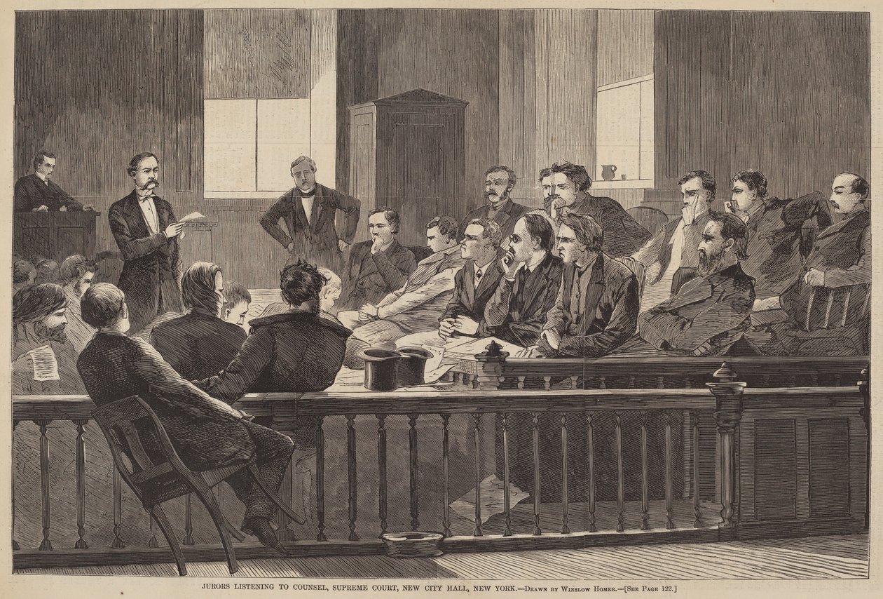 Porotci poslouchají radu, Nejvyšší soud, New City Hall, New York od after Winslow Homer
