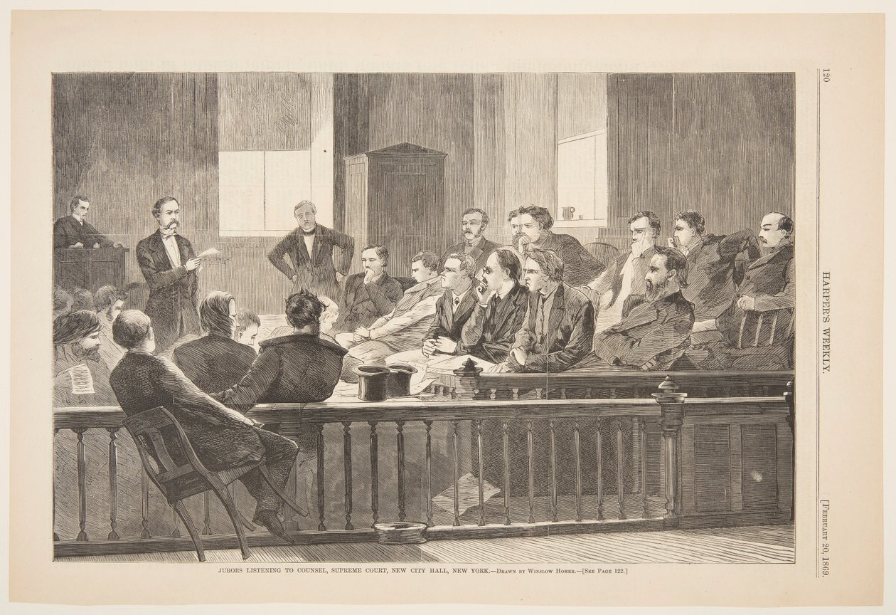 Porotci poslouchají radu, Nejvyšší soud, New City Hall, New York od after Winslow Homer