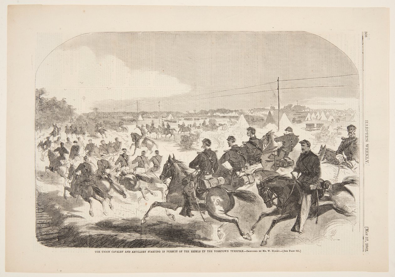 Svazová kavalérie a dělostřelectvo začínají v pronásledování rebelů po silnici Yorktown od after Winslow Homer