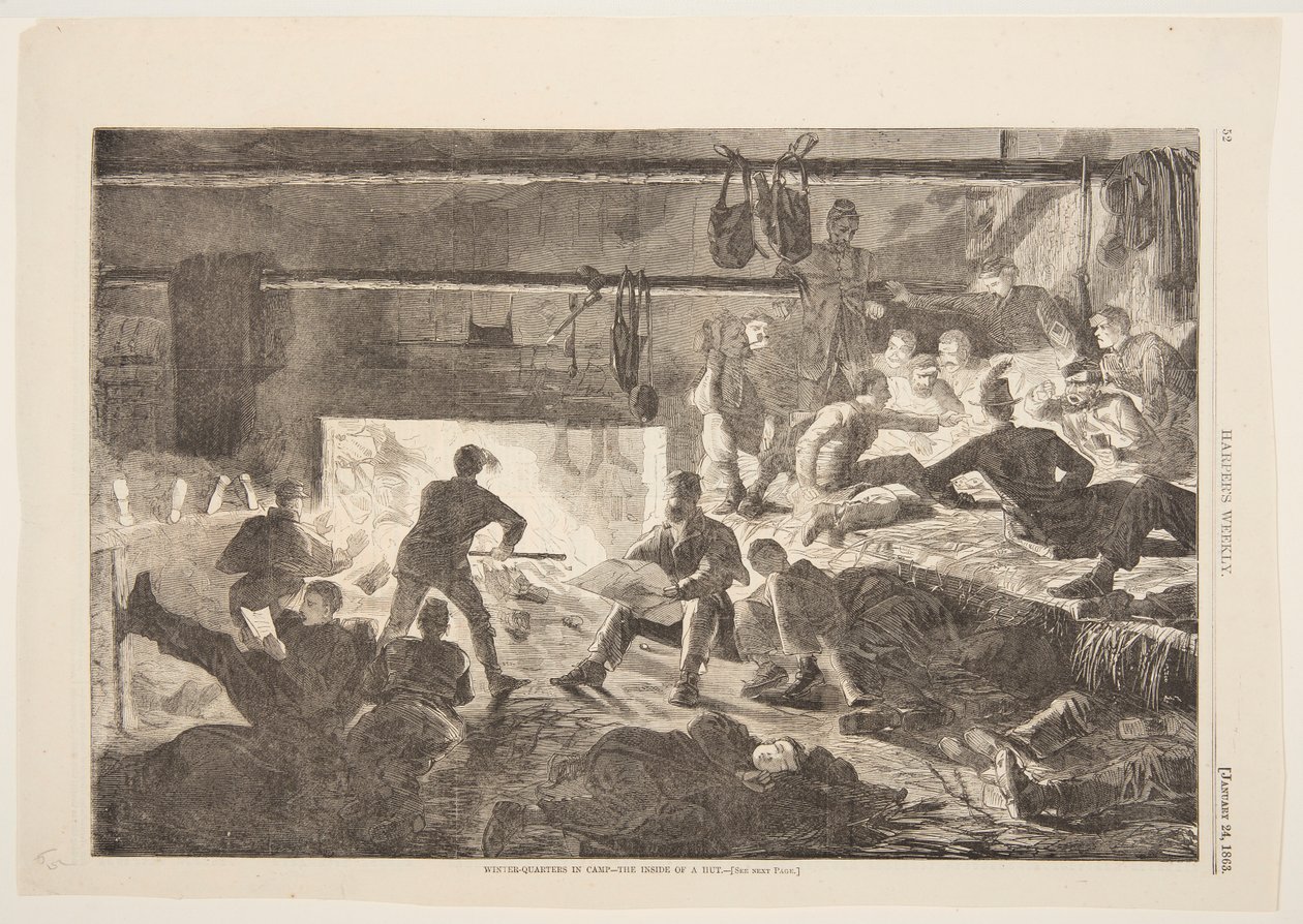 Zimní ubikace v táboře – vnitřek chatrče od after Winslow Homer