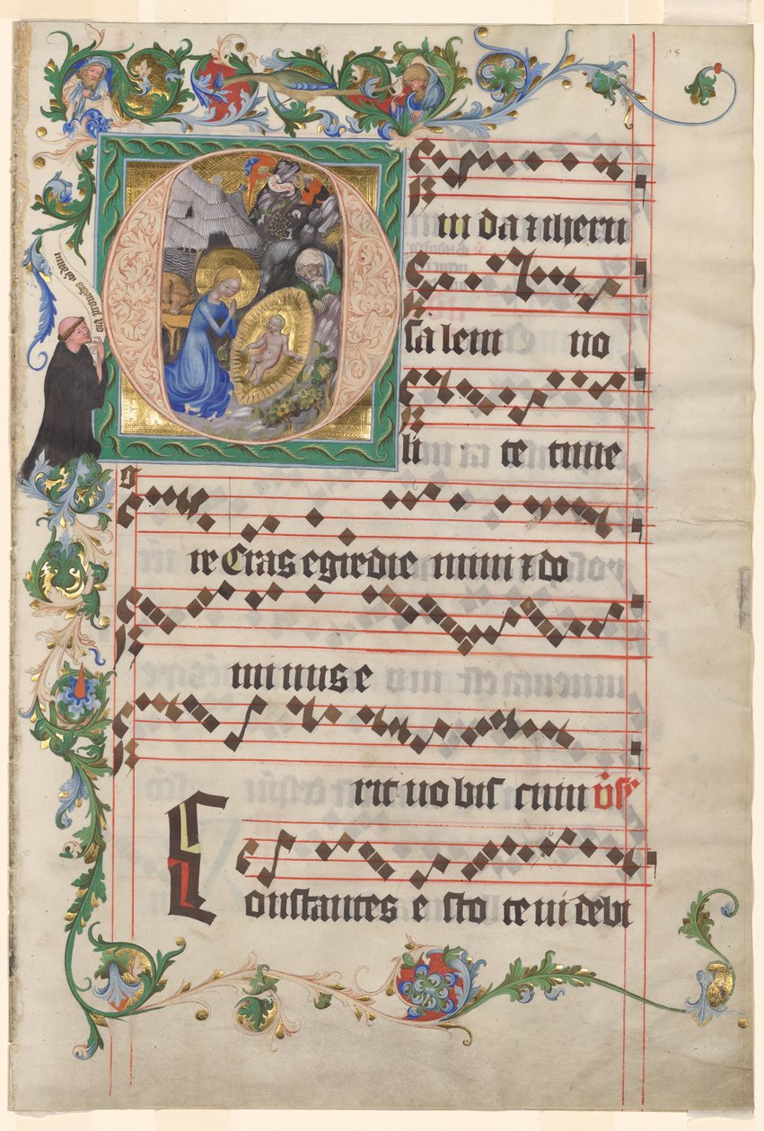 Bifolio z antifonáře: Historická iniciála O s Narozením od after a work attributed to Zhou Wenju