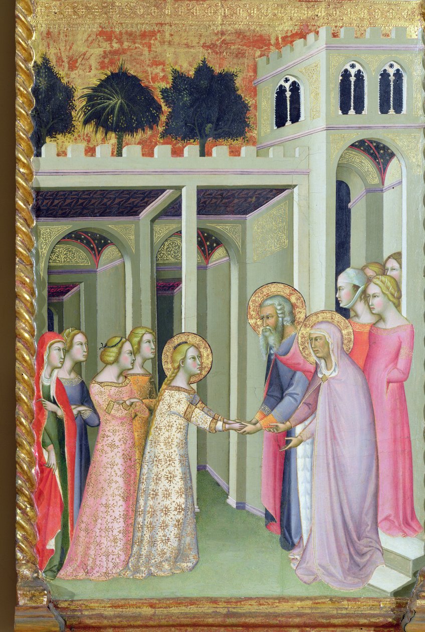 Triptych Korunovace Panny Marie, pravý panel zobrazuje Pannu Marii vracející se do svého rodinného domu od also Manfredi de Battilori Bartolo di Fredi