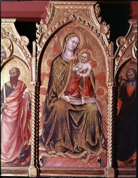 Oltářní obraz Gerarda Cossassiho degli Assi, detail centrálního panelu zobrazující Madonu s dítětem na trůnu (olej na panelu) od also Manfredi de Battilori Bartolo di Fredi