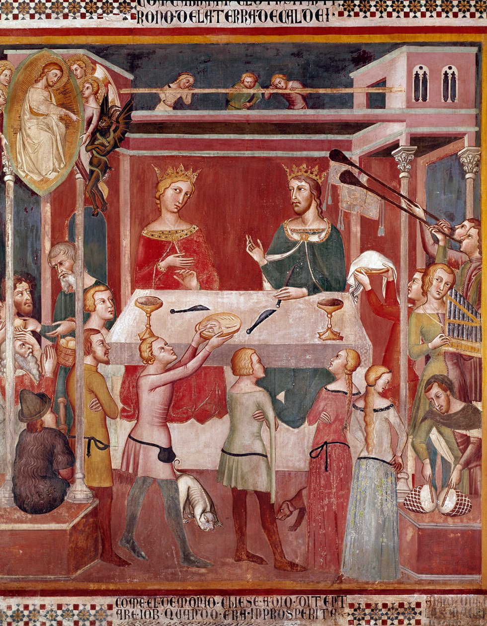Jak démon požádal Boha, aby zkusil Joba v době jeho prosperující Fresky od Bartola di Fredi (nebo Manfredi De Battilori) (1330-1410) Collegiale de San Gimignano Itálie od also Manfredi de Battilori Bartolo di Fredi