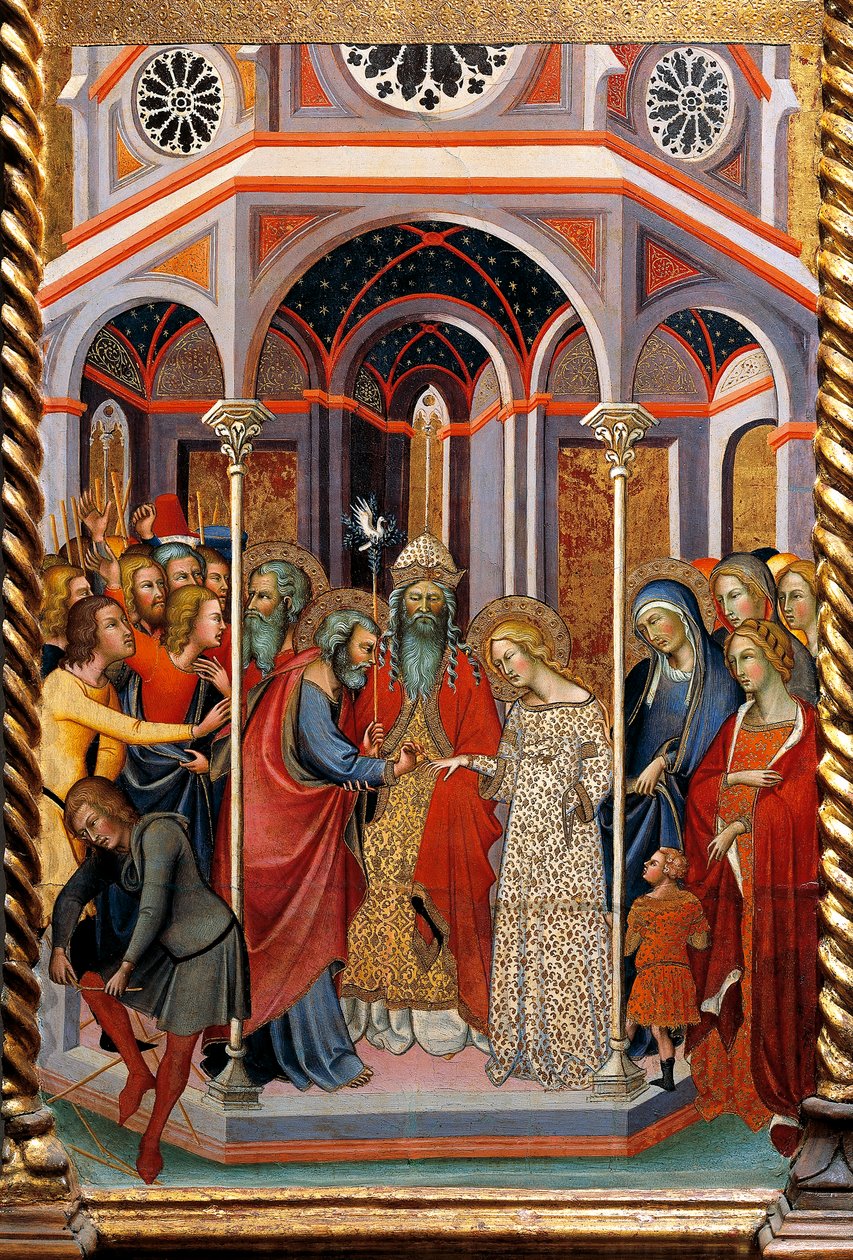 Marriage of Virgin, detail oltářního obrazu zobrazující Příběhy Panny od Bartola di Fredi (1330-1410) od also Manfredi de Battilori Bartolo di Fredi