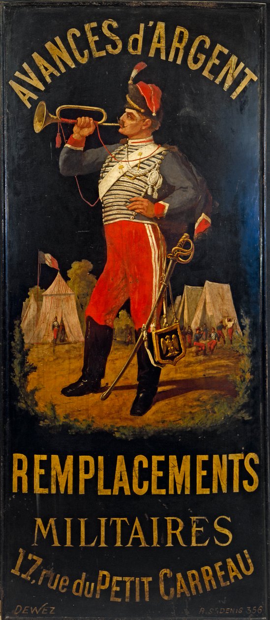 Francouzsky: Au hussard. Znak vojenské náhradní kanceláře. 17 rue des Petits- Carreaux, 11. obvod, Paříž od anonymous 