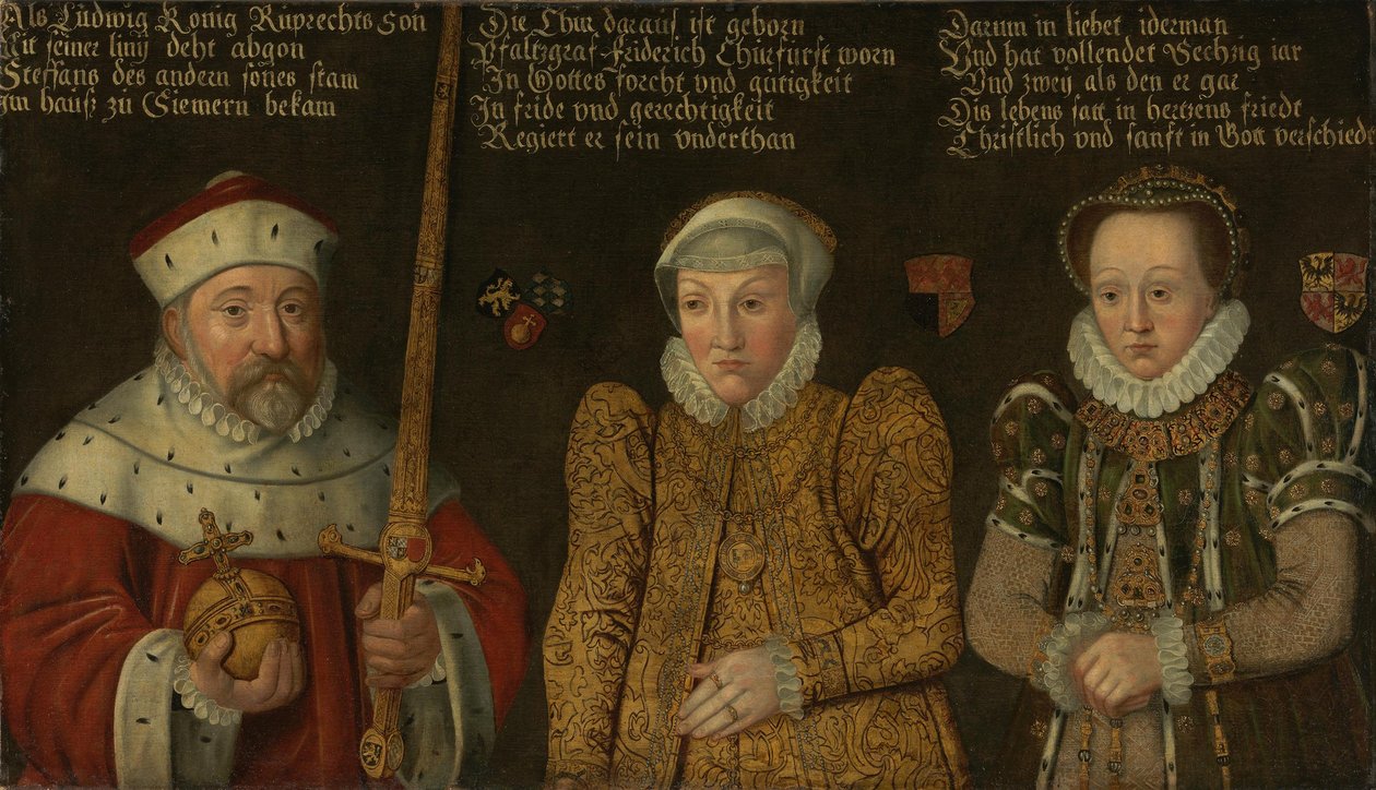 Německy: Portrét falckého kurfiřta Fridricha III. (1515-1576) s jeho manželkami Marií von Brandenburg-Kulmbach a Amálií von Neuenar od anonymous 