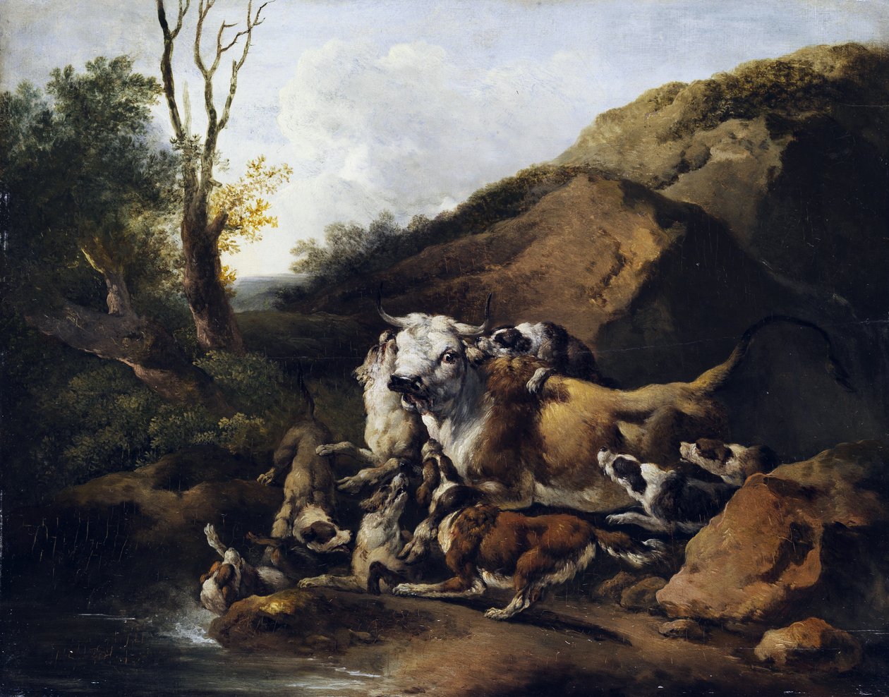 Zubři bojující se smečkou loveckých psů od attributed to Johann Heinrich Roos