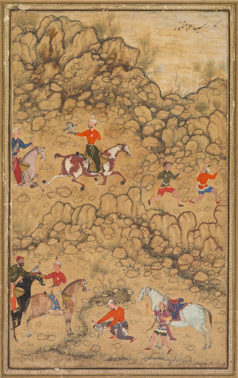 Lov se sokoly v krajině; Verso: Kaligrafie Chaghatai Turecké básně na chválu vína, Sultan Muhammad Nur (Peršan, asi 1472–1536) a Mirza Muhammad (pravděpodobně Peršan, aktivní asi ve 20. letech 16. století) od attributed to Abd al Samad (Persian, c. 1510–1600)