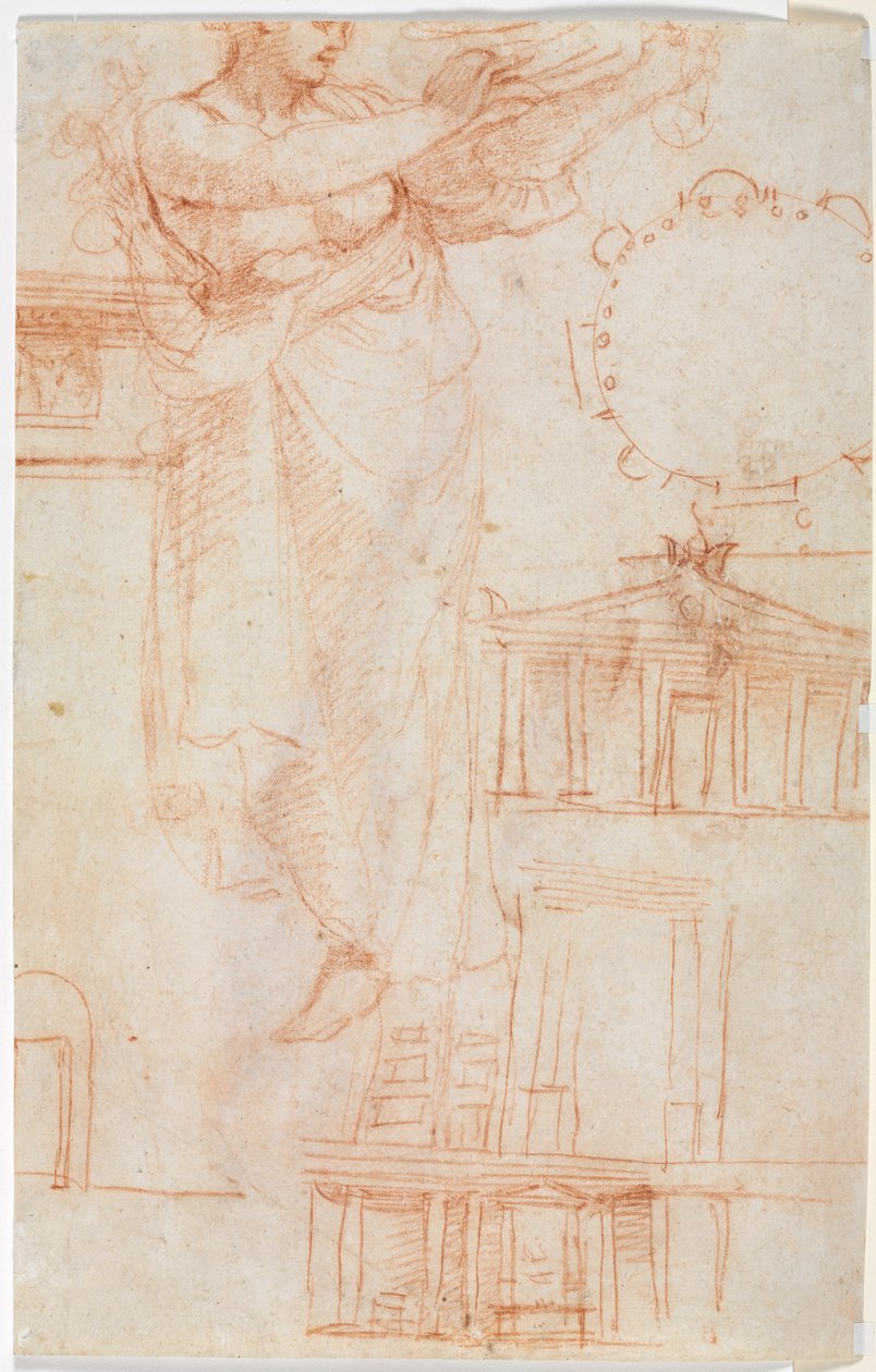 Zahalená ženská postava (možná Amazonka) a architektonické studie (na druhou stranu) od attributed to Correggio