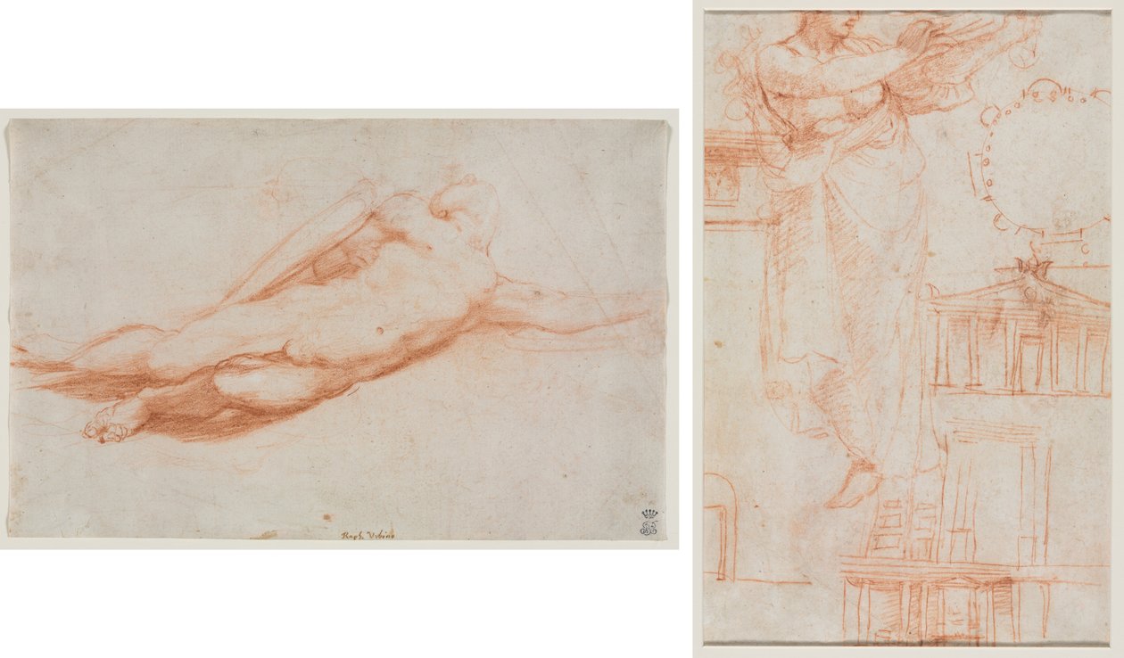 Studie padlého vojáka (možná konverze Saula) (recto); Zahalená ženská postava (možná Amazonka) a architektonické studie (na druhou stranu) od attributed to Correggio