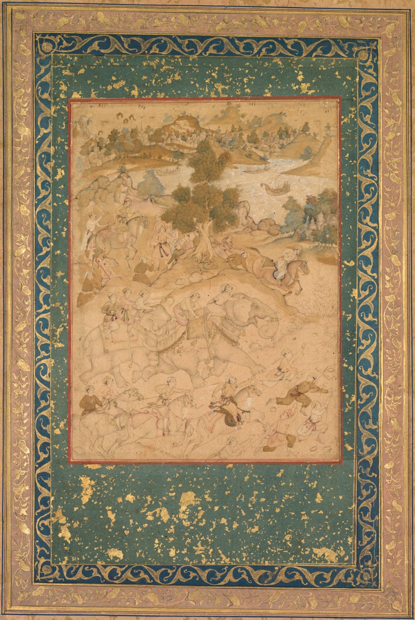 Akbar dohlíží na odchyt divokých slonů v Malwa v roce 1564, maluje 90 z Akbar-nama (Kniha Akbar) z Abu