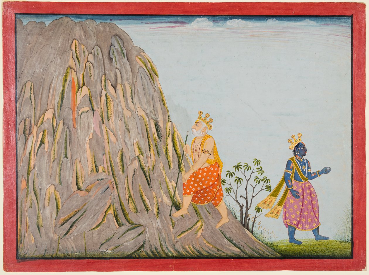 Král Muchukunda vstupuje do říše hory Gandhamadana, aby dosáhl spásy, z „páté Basohli Bhagavata Purana“ od attributed to Fattu