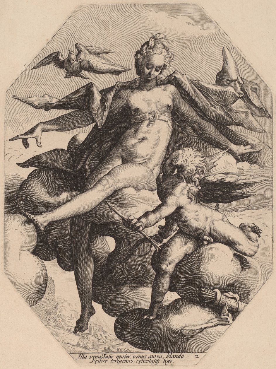 Venuše a Amor od attributed to Jacob Matham, after Hendrick Goltzius