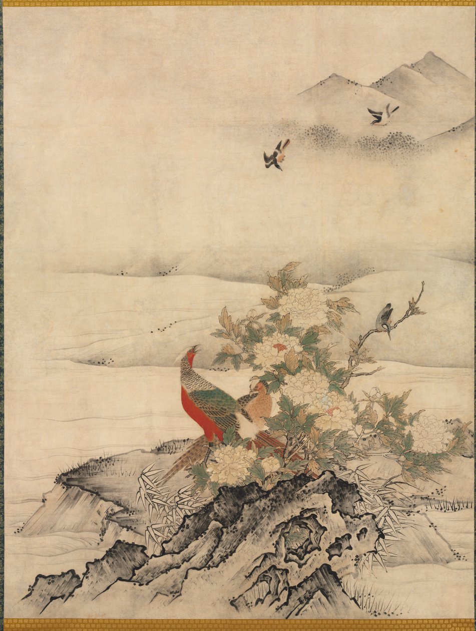 Květiny a ptáci v jarní krajině od attributed to Kano Motonobu