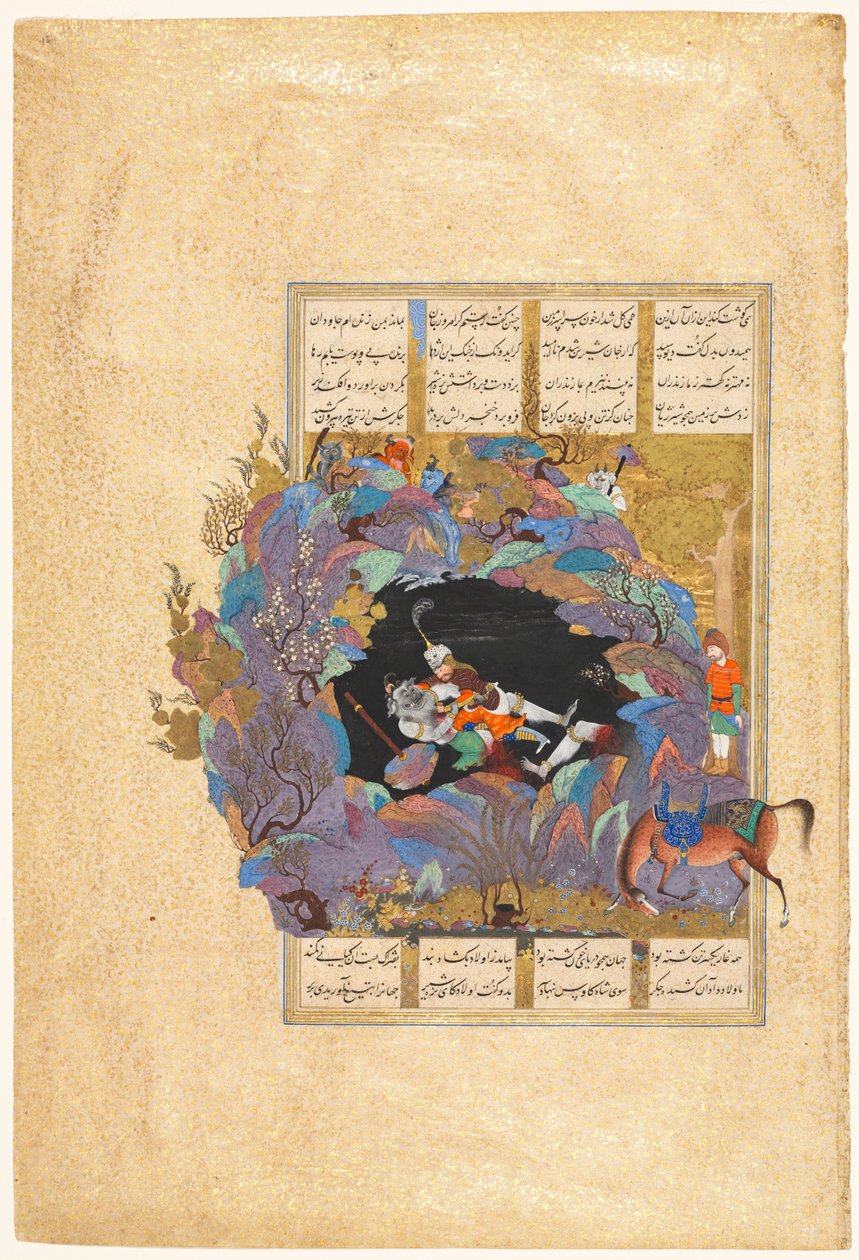 Rustamův sedmý kurz: Zabíjí White Div, folio 124 od Shah-nama (Kniha králů) z Firdausi (Peršan, asi 934-1020) od attributed to Mir Musavvir