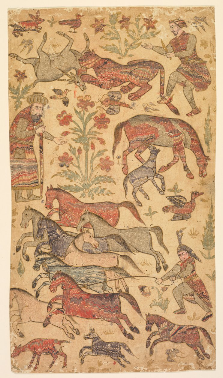 Mramorovaný obrázek Rustama chytajícího Rakhshe od attributed to Shafi