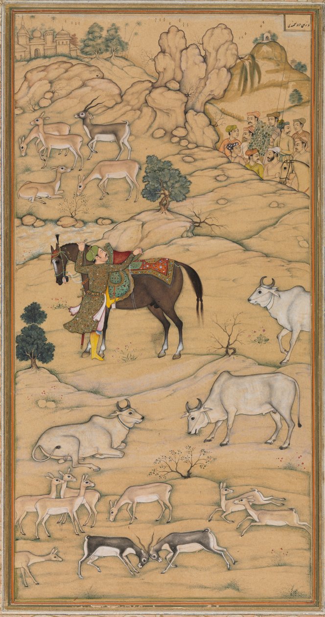 Akbar nasedající na svého koně; stránka z Chester Beatty Akbar Nama (Historie Akbaru) od attributed to Sur Das Gujarati