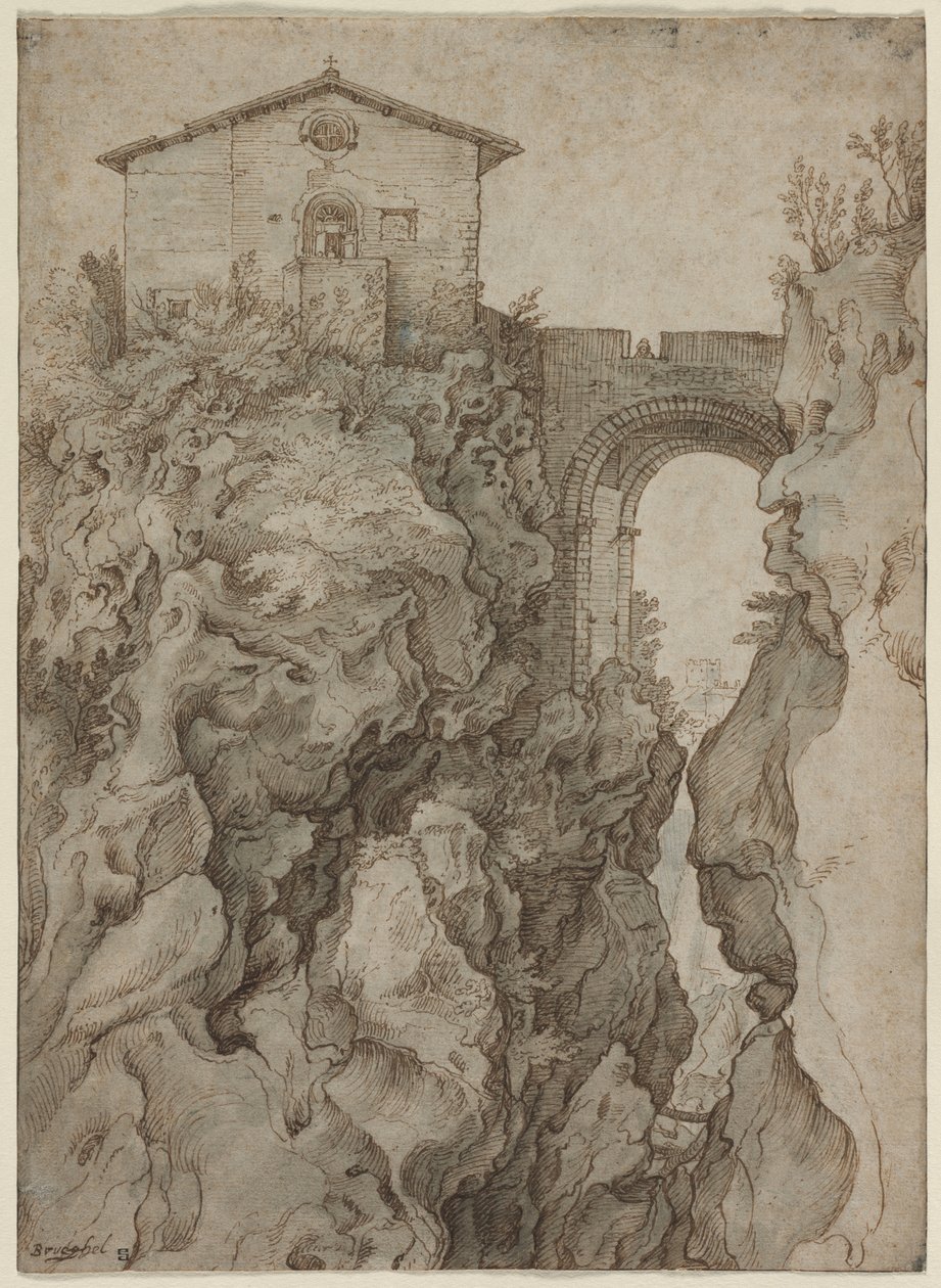 Ponte San Rocco v Tivoli od attributed to Willem van Niewlandt