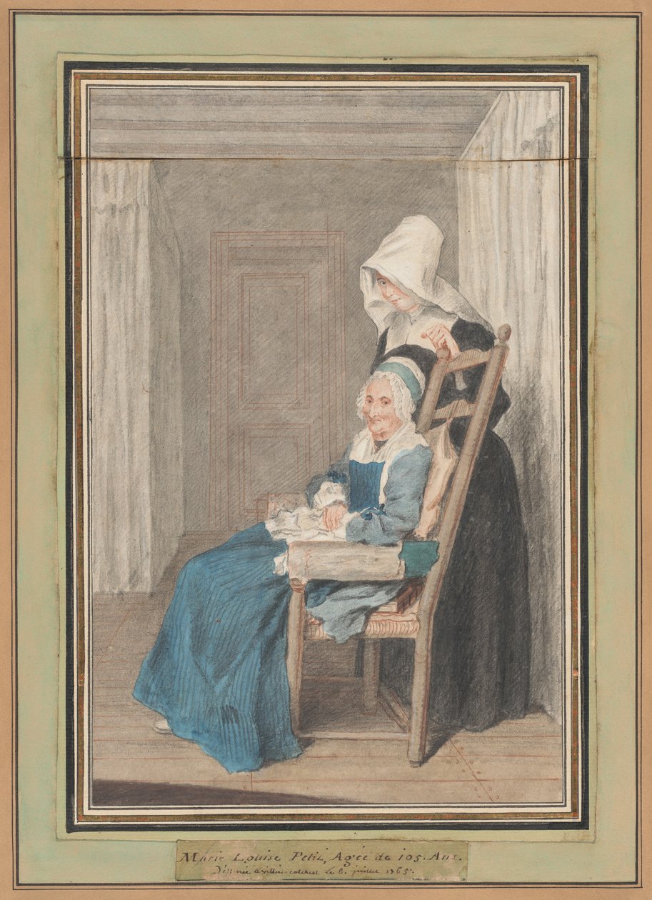 Marie Louise Petit ve věku 105 let se svou mladou sestrou od called Carmontelle Louis de Carrogis