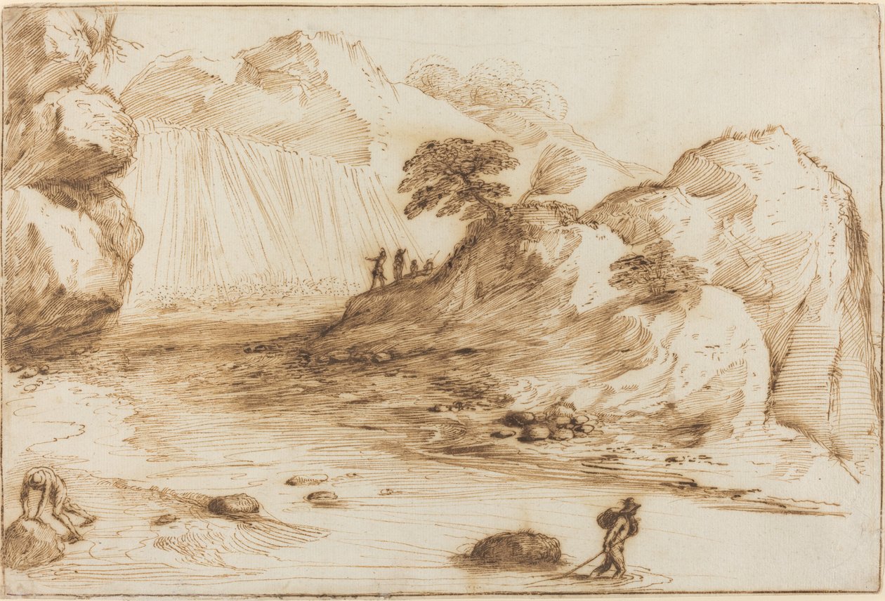 Krajina s vodopádem od called Guercino Giovanni Francesco Barbieri