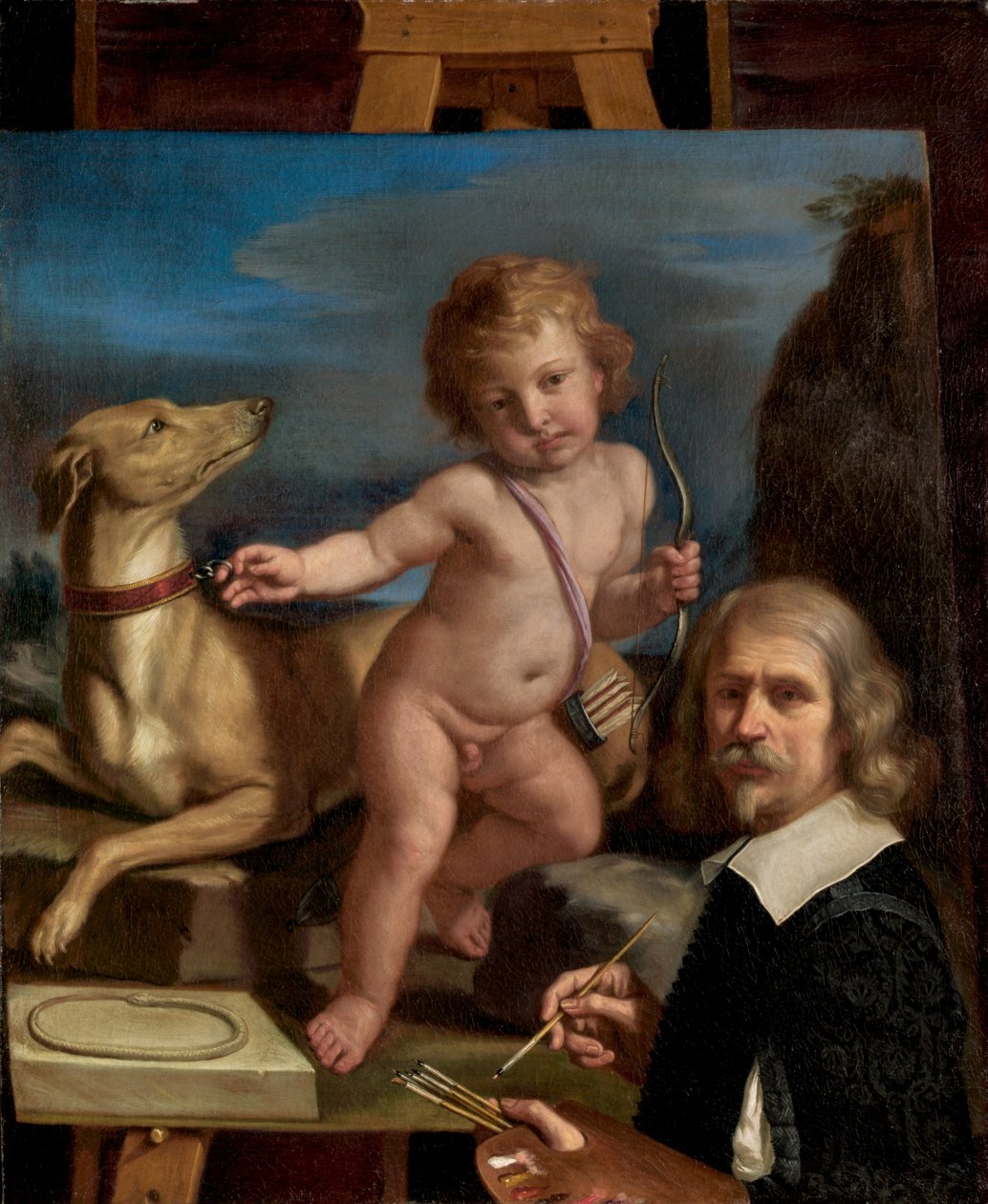 Autoportrét před obrazem "Amor Fedele" od called Guercino Giovanni Francesco Barbieri