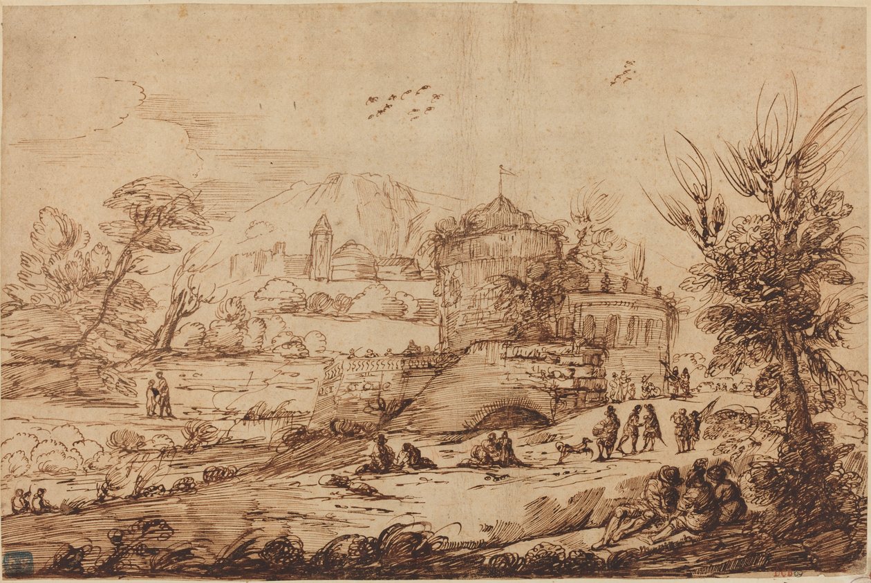 Krajina s pevností a řekou od called Guercino after Giovanni Francesco Barbieri