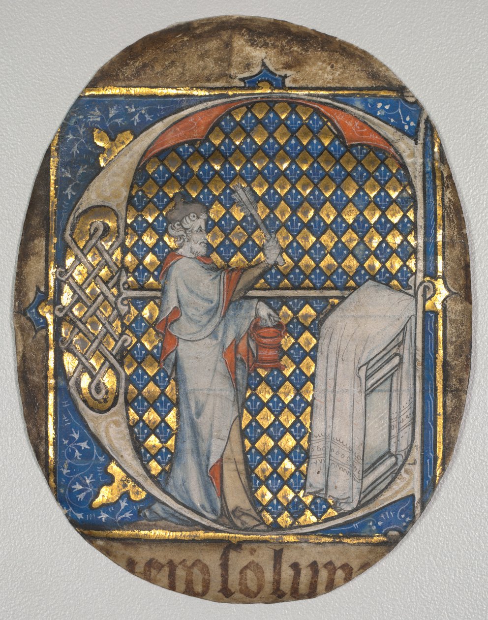 Fragment z Lectern Bible: Iniciála E[t fecit Josias] s Josiahem Aspersing the Altar od circle of Master Honoré