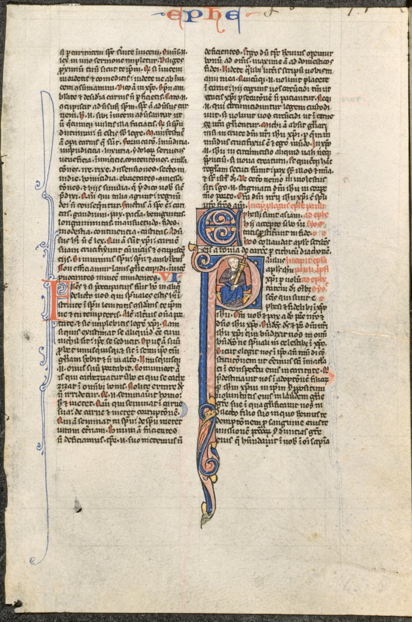 List z latinské bible: Iniciála P se svatým Pavlem držícím meč (Pavlův list Efezským) od circle or workshop of Johannes Grusch Atelier