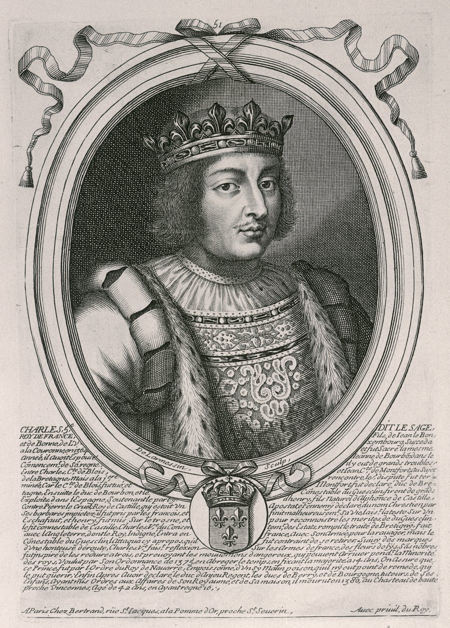 Karel V. Moudrý (1338-80) francouzský král, od ‚Les Augustes Representations de tous les Rois de France od Pharamonda po Ludvíka XIV‘, Paříž, 1679 od Nicolas II de Larmessin