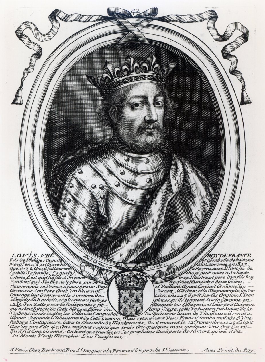 Ludvík VIII. (1187-1226) francouzský král, od ‚Les Augustes Representations de tous les Rois de France od Pharamonda po Ludvíka XIV‘, Paříž, 1679 od Nicolas II de Larmessin