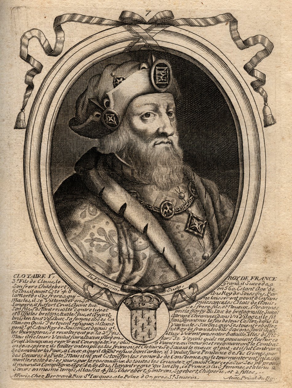 Portrét Clotaire (Clothaire) I (497 - 561), krále Neustrije a krále Franků - Clothar I., král Franků - rytina z 